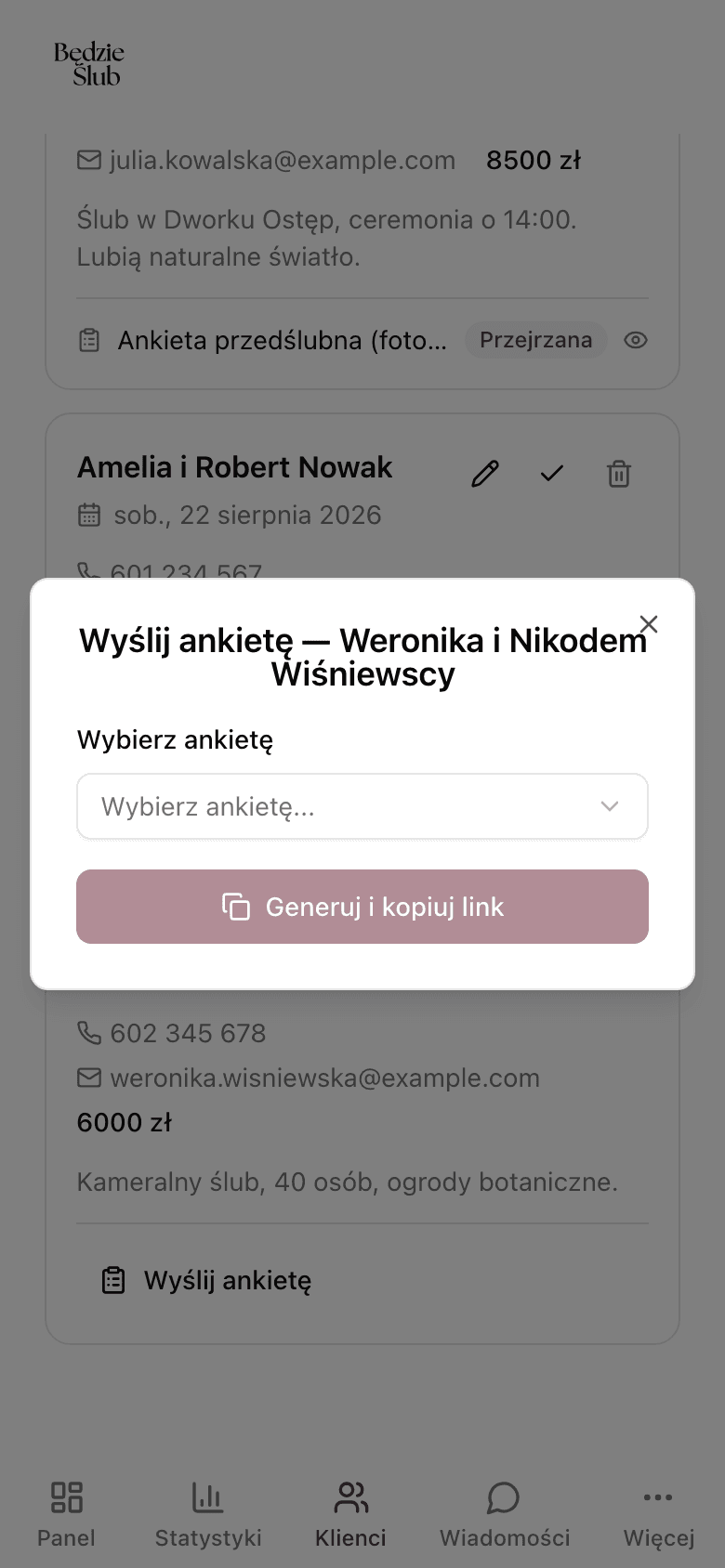 Dialog wysyłania ankiety do klienta