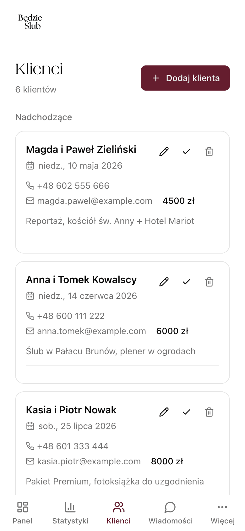 Lista klientów z datami wydarzeń, kwotami i statusami ankiet