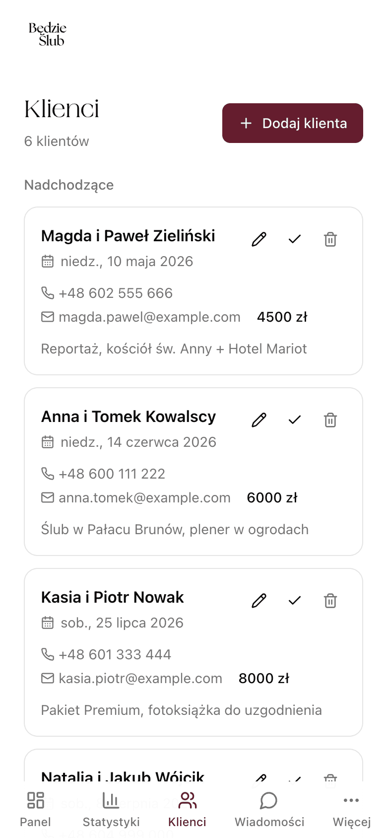 Lista klientów z datami wydarzeń i kwotami