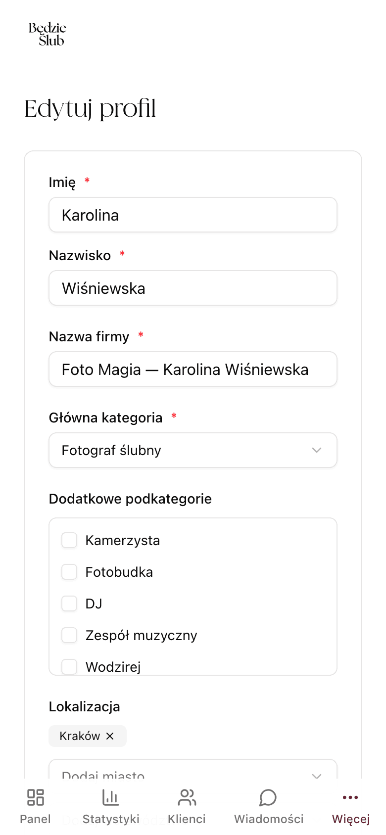 Edycja profilu - kategoria, lokalizacja, podkategorie