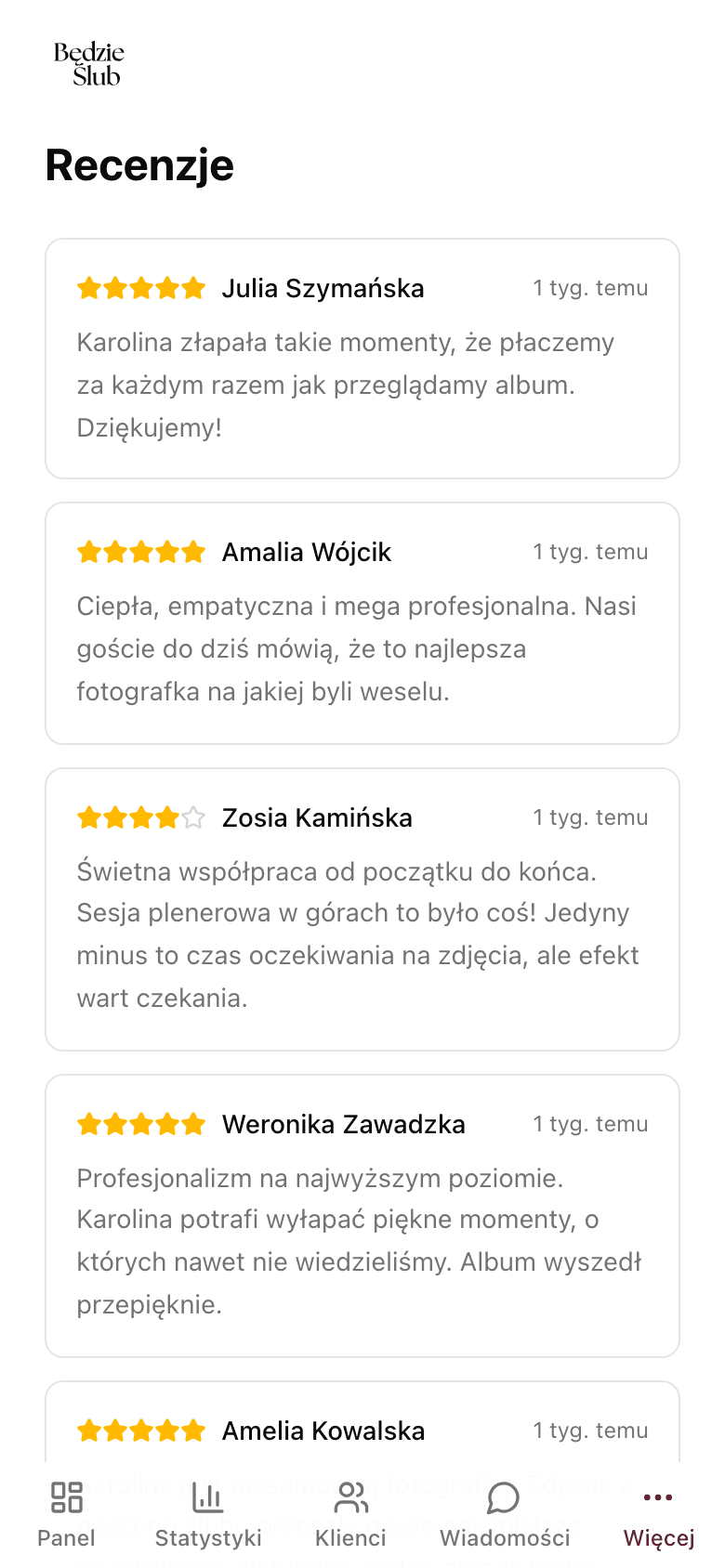 Lista recenzji w panelu usługodawcy