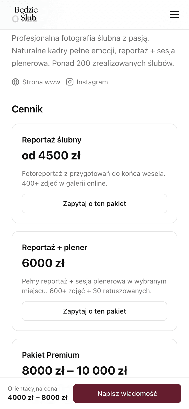 Profil z opisem i cennikiem - przycisk kontaktu
