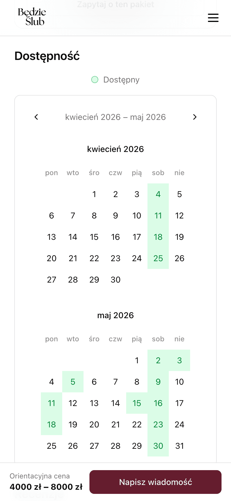 Kalendarz dostępności z wolnymi terminami oznaczonymi na zielono
