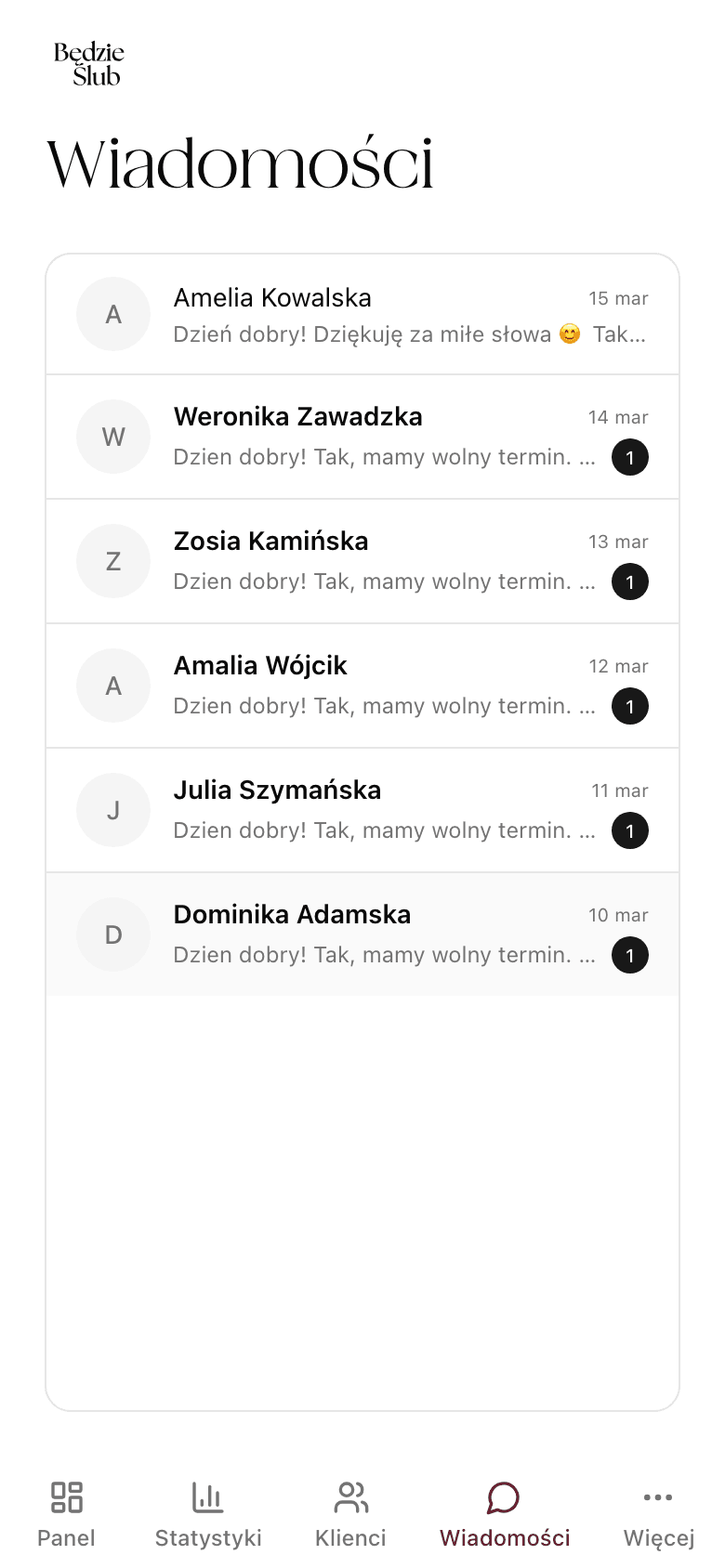 Lista konwersacji z parami - podgląd i daty