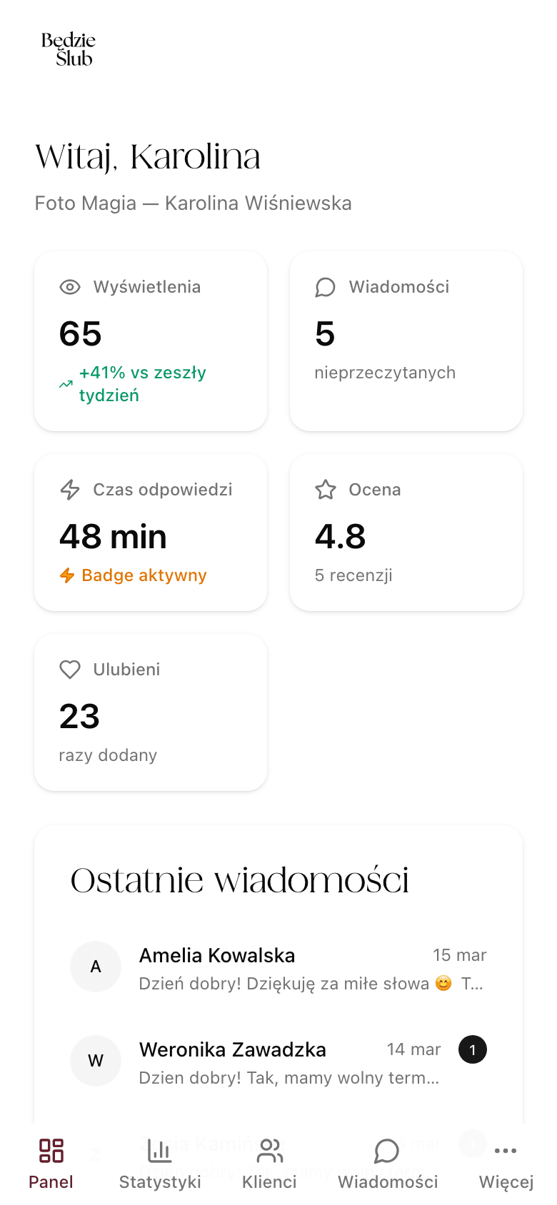 Panel z badge'm szybkiej odpowiedzi i czasem 48 min