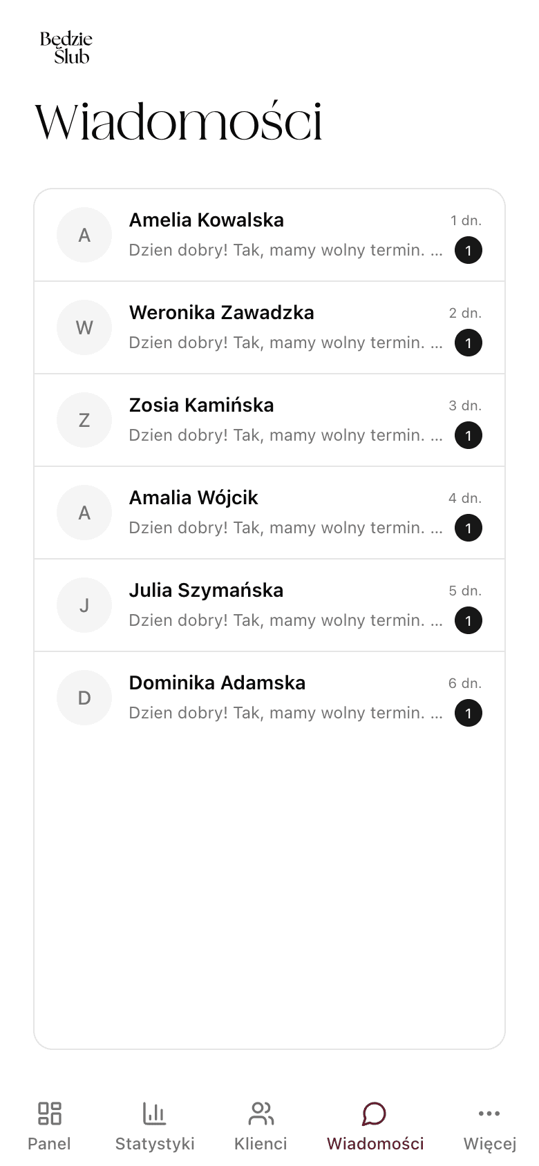 Czat z parami - lista konwersacji z powiadomieniami