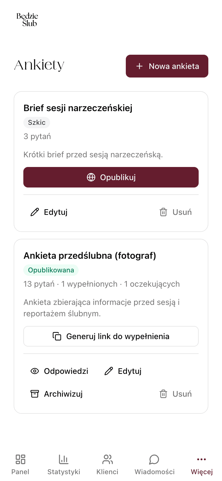 Lista ankiet ze statusami