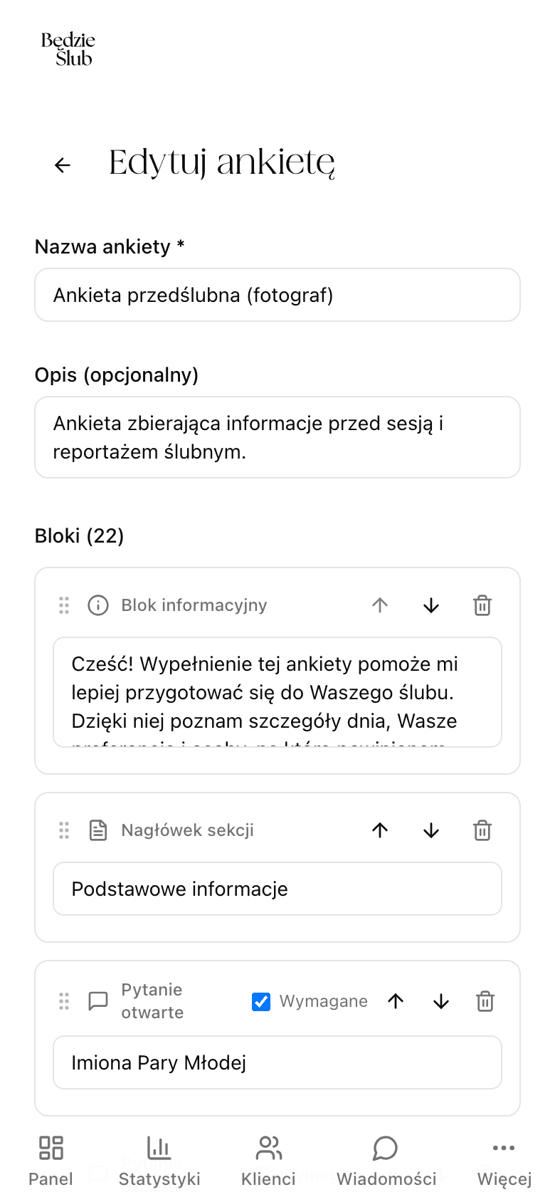 Edytor ankiety z blokami pytań i porad