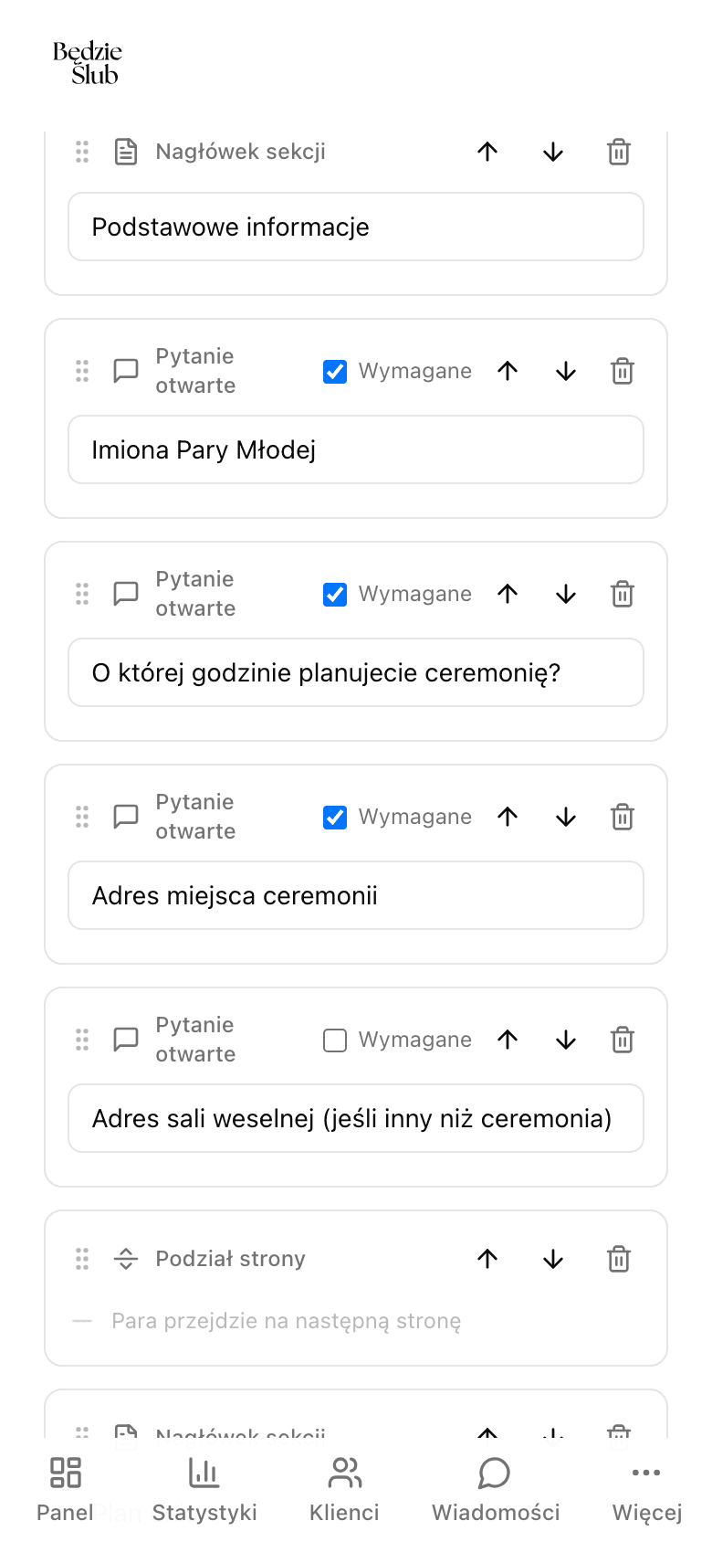 Builder ankiety z sekcjami i podziałami stron