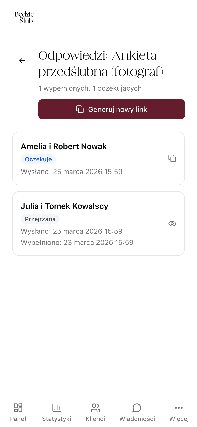 Lista odpowiedzi ze statusami wypełnień