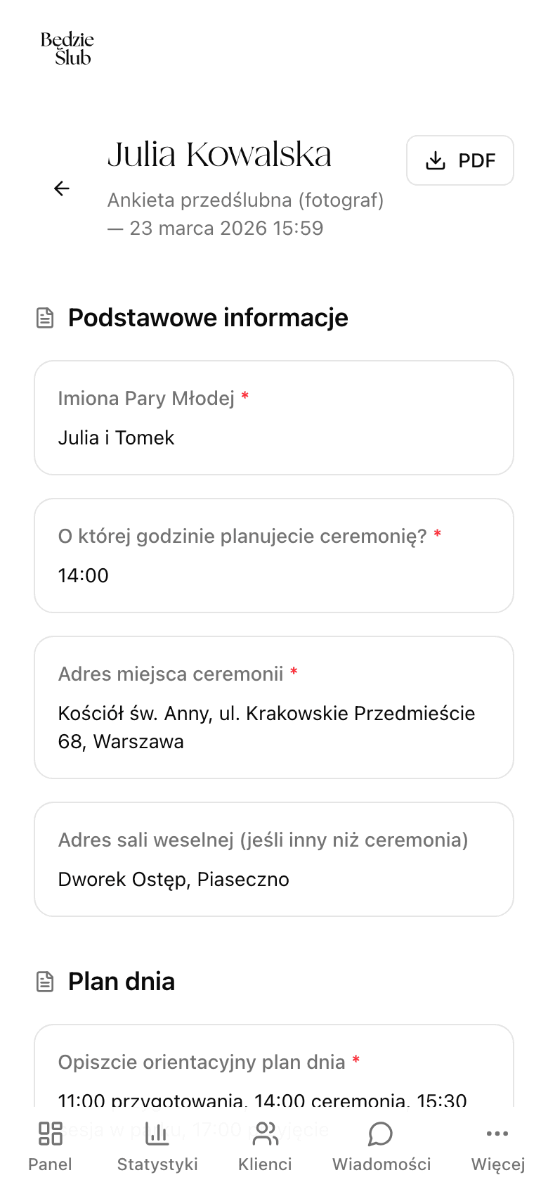 Szczegóły odpowiedzi z danymi pary i eksportem PDF