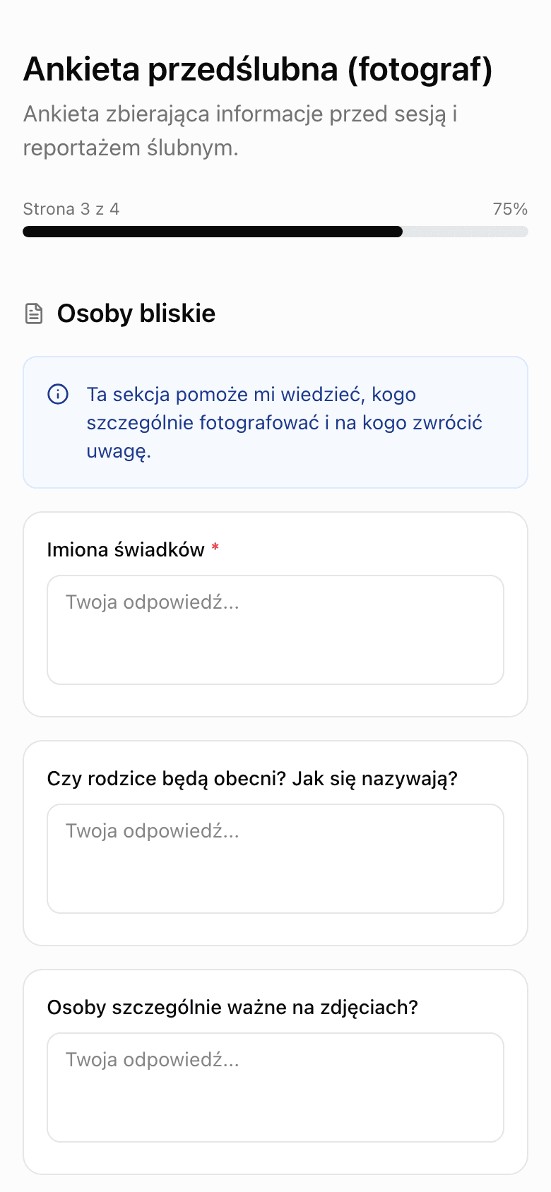 Widok ankiety dla pary z paskiem postępu i poradami