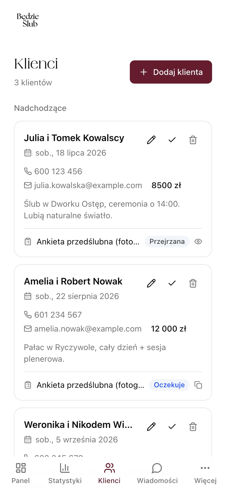 Lista klientów ze statusami ankiet