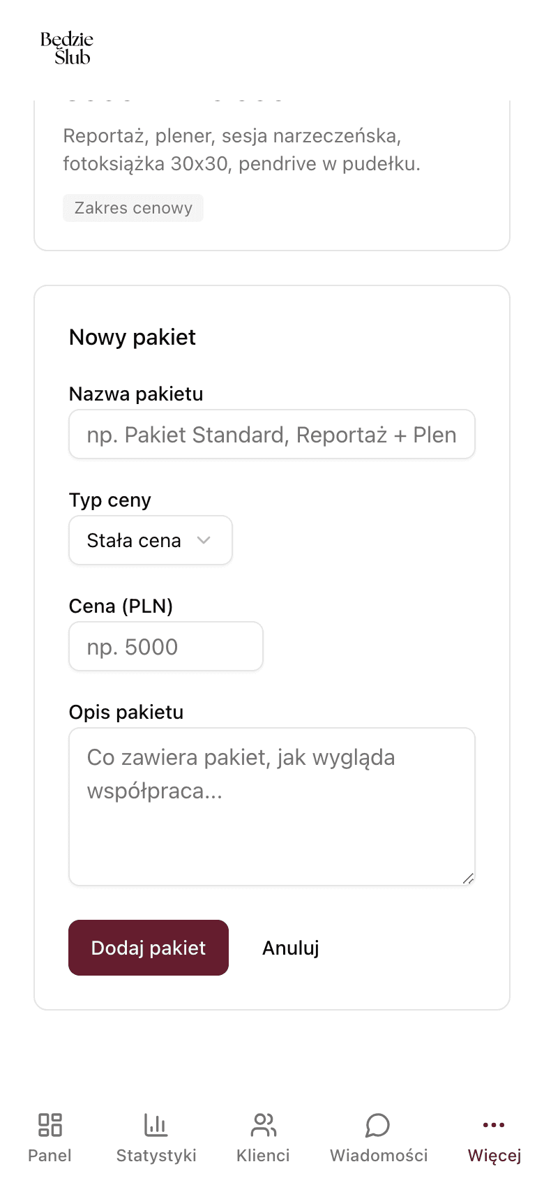Formularz dodawania pakietu - nazwa, typ ceny, cena, opis