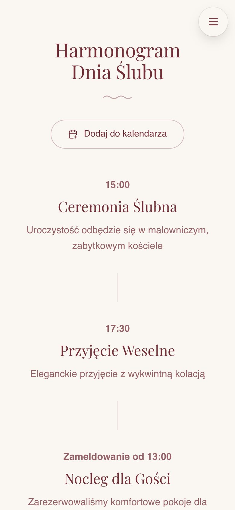 Harmonogram dnia ślubu z godzinami ceremonii i przyjęcia