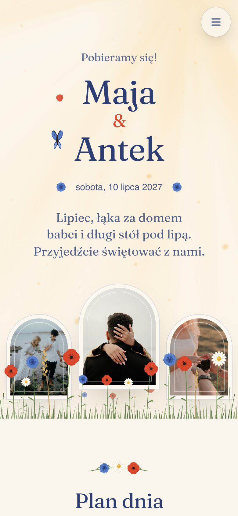 Motyw Polne kwiaty strony ślubnej z makami i chabrami