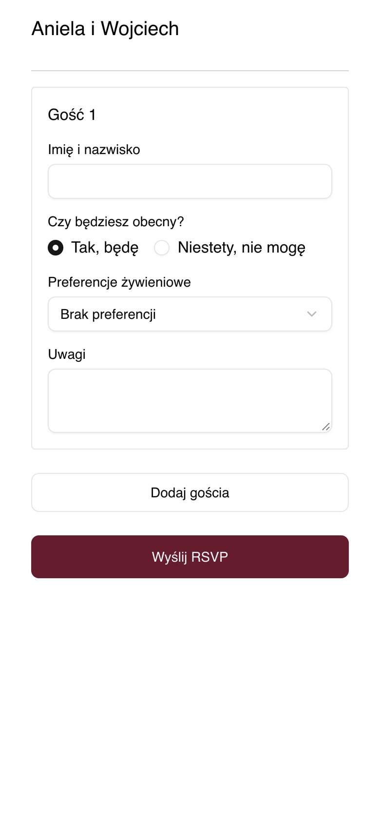 Formularz RSVP z wyborem obecności i preferencji żywieniowych