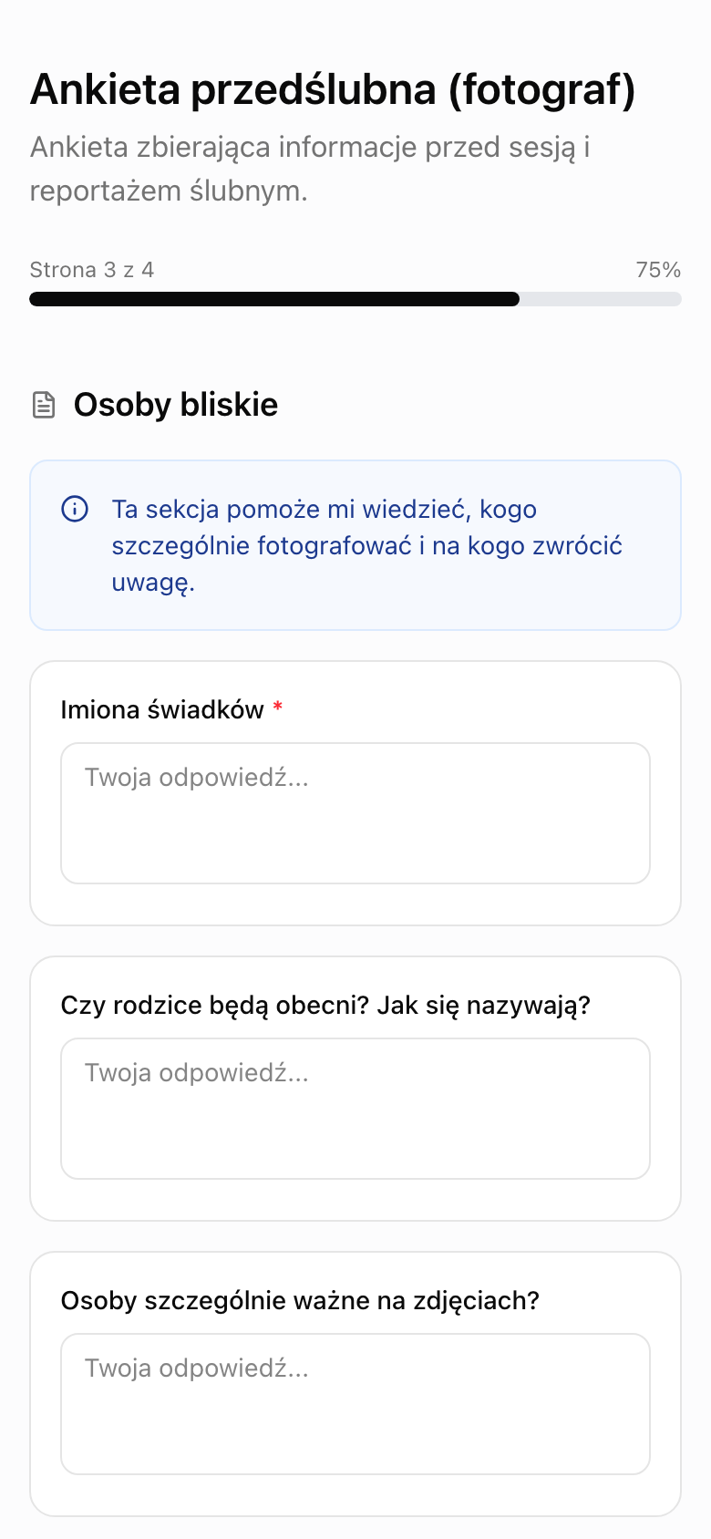Widok ankiety dla pary z paskiem postępu i poradami
