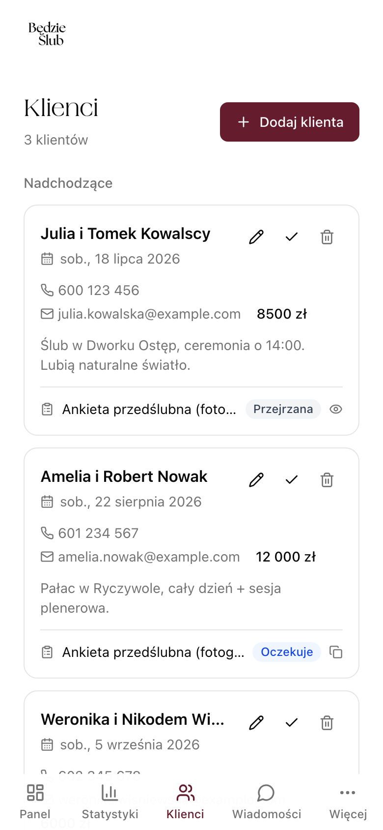 Lista klientów ze statusami ankiet