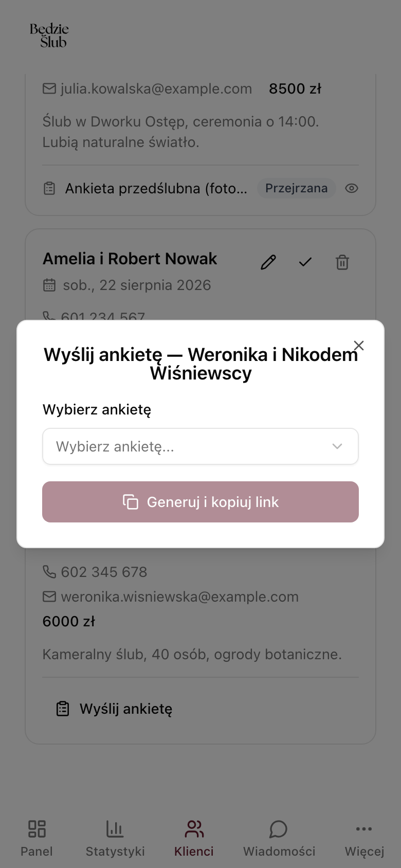 Dialog wysyłania ankiety do konkretnego klienta
