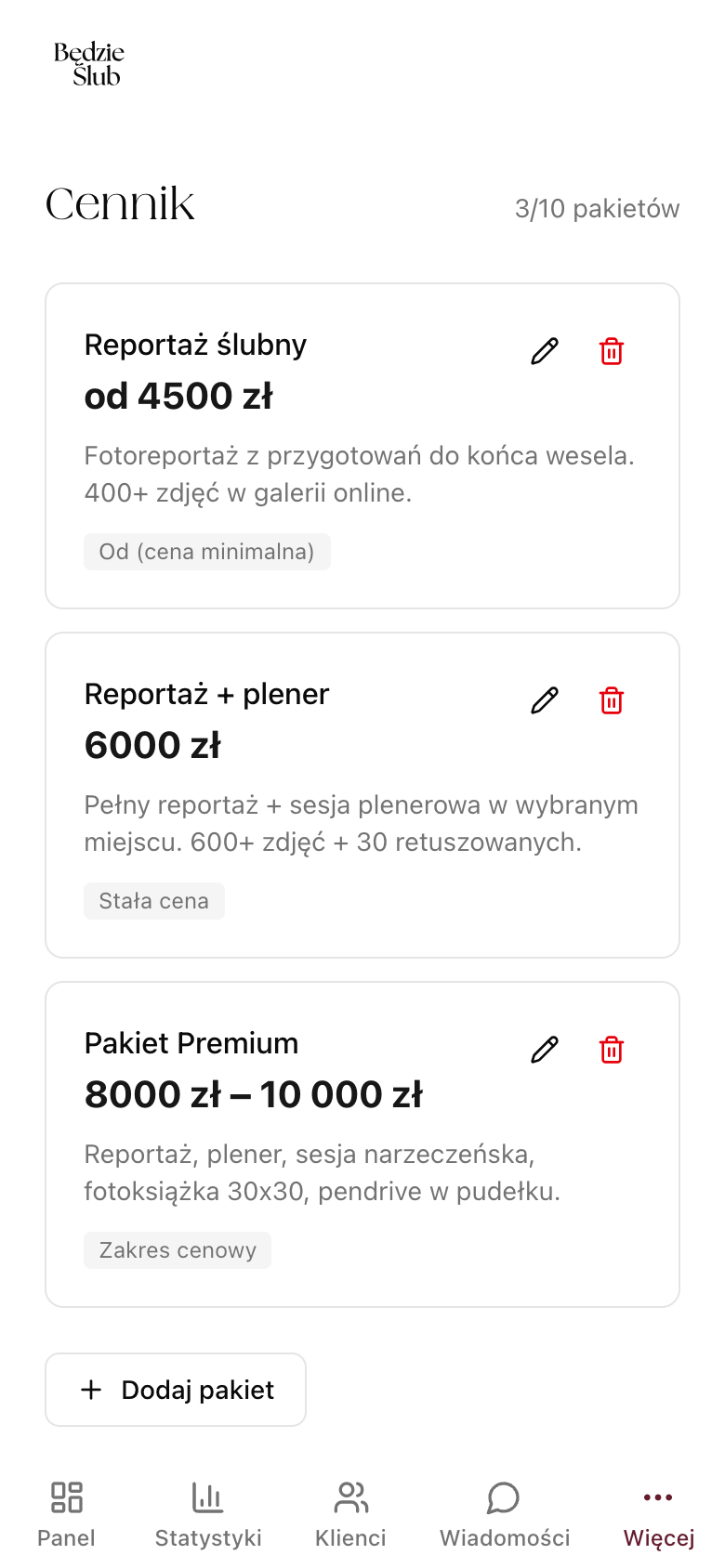 Cennik pakietów na profilu - reportaż, plener, premium