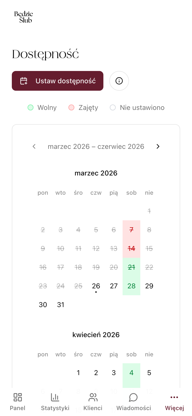 Kalendarz dostępności z wolnymi i zajętymi terminami