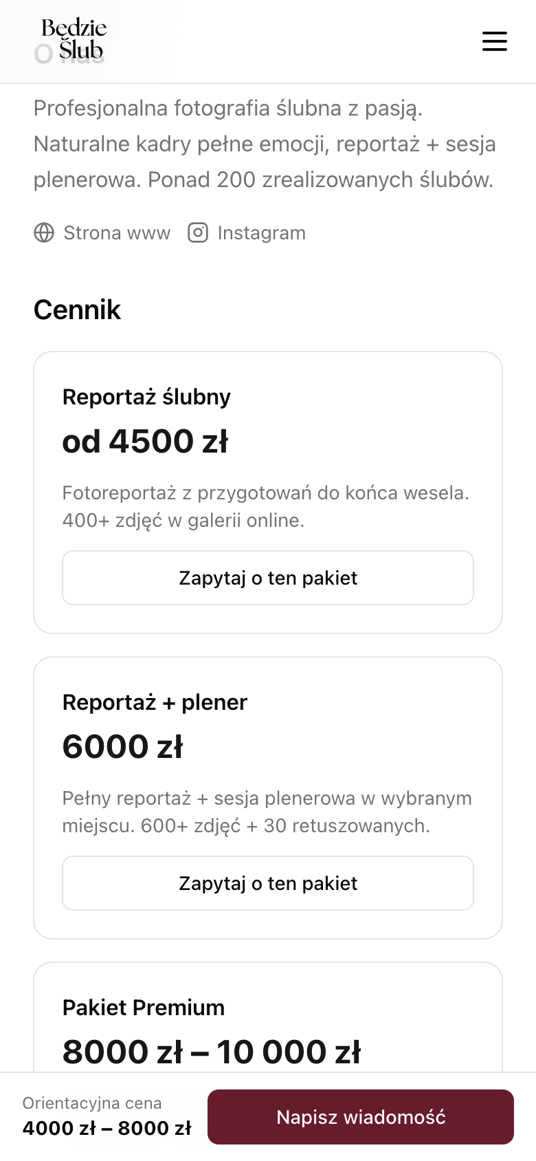 Profil z opisem i cennikiem - przycisk kontaktu