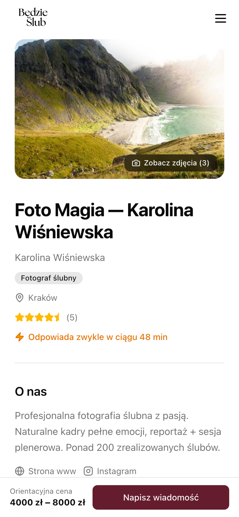 Publiczny profil usługodawcy z portfolio, oceną i badge'm
