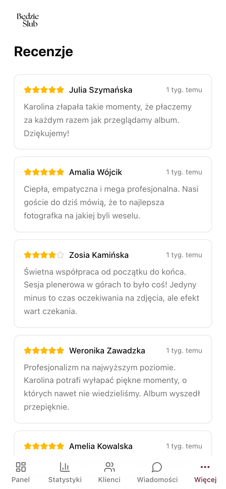 Lista recenzji w panelu usługodawcy